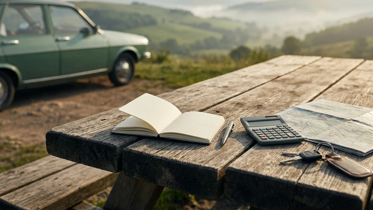 A notebook, calculator, map and car keys on a picnic table.
