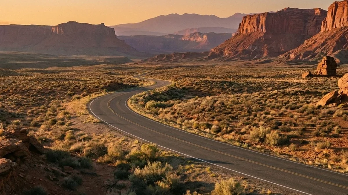 A winding desert road through sunlit cliffs.