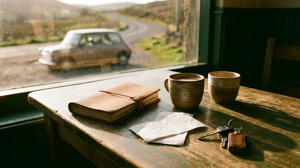 Coffee, a notebook, receipts and car keys at a roadside cafe.